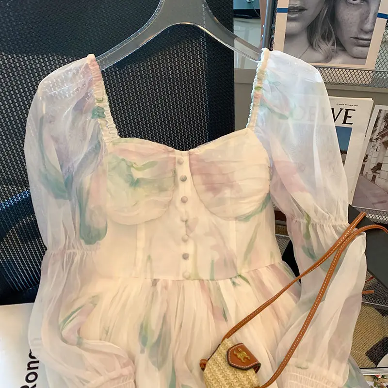 

Women's Fairies Elegant Girl Dress French Square Neck Floral Dress High-end Fashion Spring 2022 Retro Gentle Party Women Clothes