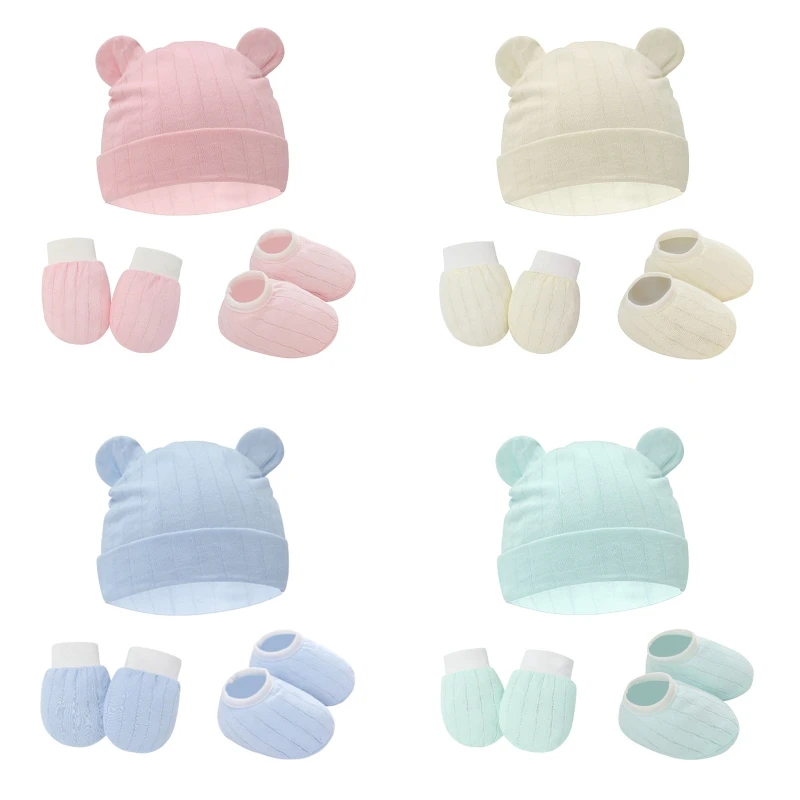 

1Set Baby Anti Scratching Gloves Ears Hat Foot Cover Set Soft Cotton Mitten