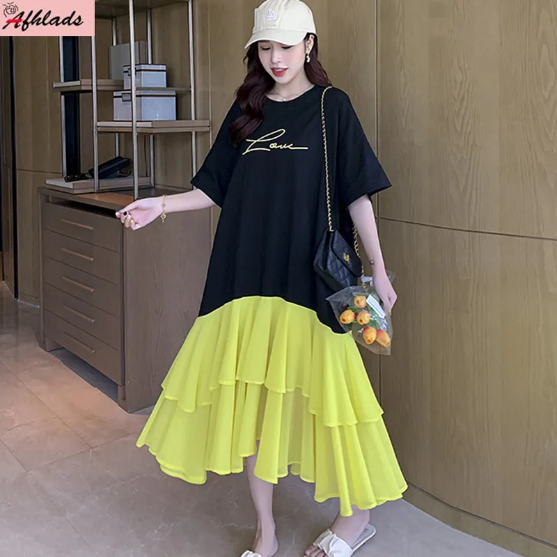 

Casual Short Sleeved T-Shirt Dress Summer Mesh Patchwork Drawstring Pullover Round Neck Loose Letter Women's Clothing