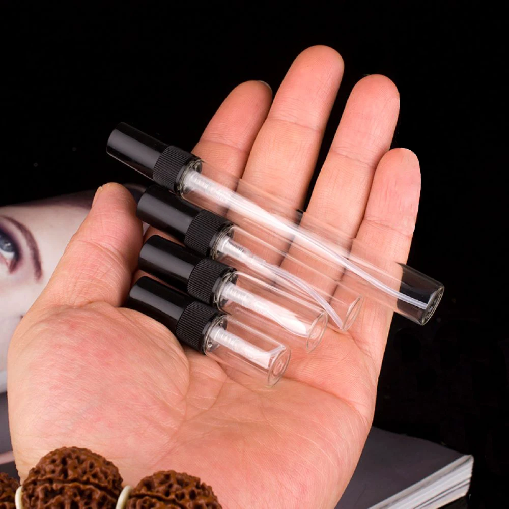 

Стеклянные флаконы с распылителем 2 мл, 3 мл, 5 мл, 10 мл, черная помпа, пустая мини-флакон для духов, тюбик для образцов косметики, тонкие флакон...