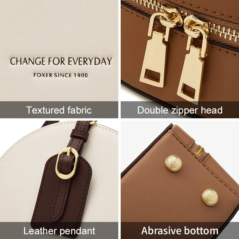 FOXER Female Stylish Round Crossbody Bag Split Leather Shoulder Bag Lady Design Circular Messenger Zipper Women's Small Handbags