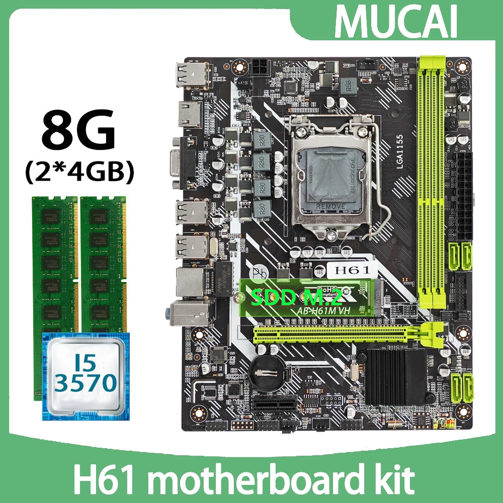 

MUCAI H61 Motherboard LGA 1155 Kit Set With Intel Core i5 3570 CPU Processor And DDR3 8GB(2*4GB) 1600MHZ RAM Memory PC Computer