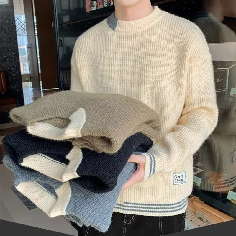

Мужской вязаный свитер с круглым вырезом, Осень-зима 2022, теплые пуловеры, повседневные свободные топы, Мужская модная уличная одежда