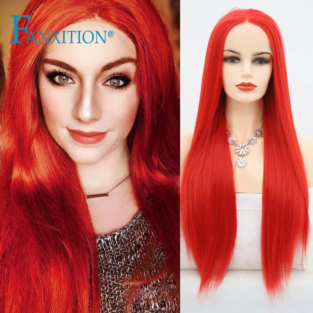 

FANXITION Long Synthetic Wig Red/Nude Pink/Black Color Straight Lace Front Wigs For Black Women Pre Plucked With Baby Hair