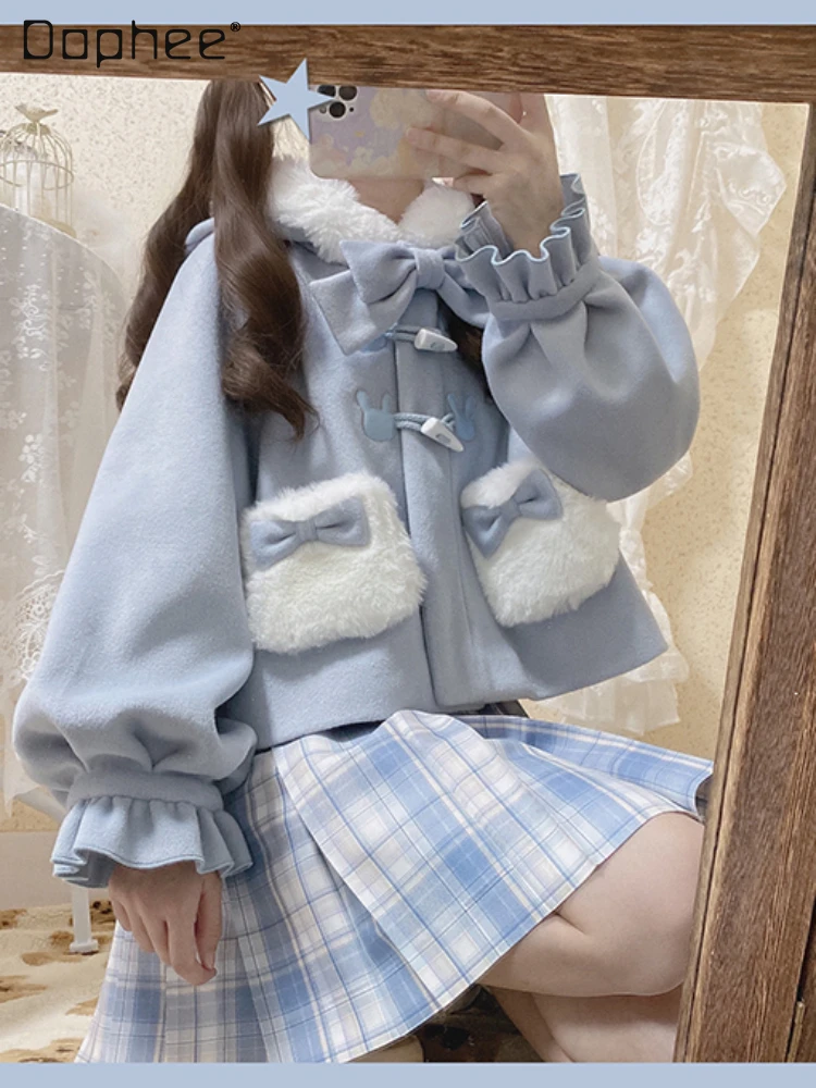 

Оригинальная зимняя Милая женская одежда, новинка 2023, стеганая шерстяная куртка в стиле "Лолита", "Кролик", Женское шерстяное пальто