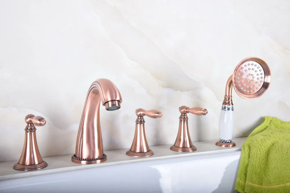 

Античный красный медный латунный смеситель с тремя рычагами, с 5 отверстиями