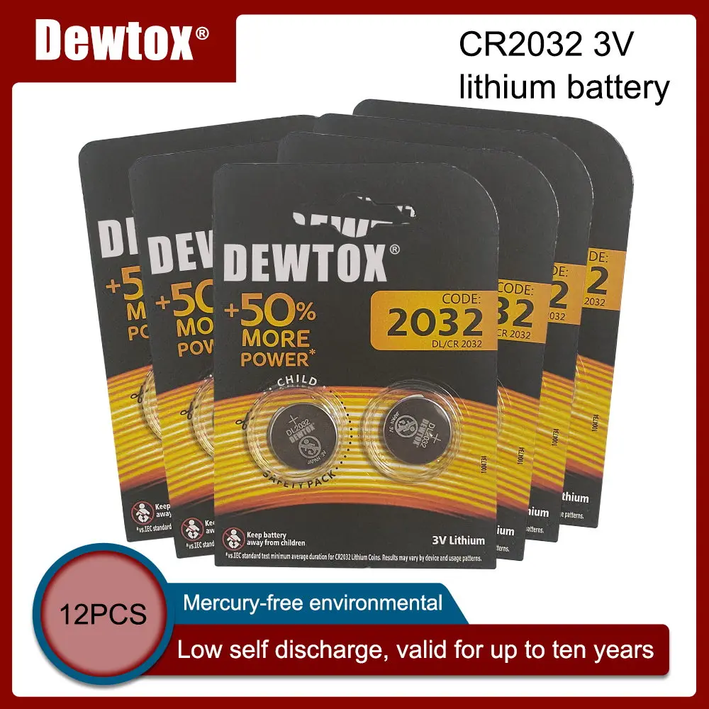 

12PCS Original DEWTOX CR2032 Button Cell Battery 3V Lithium Batteries for Watch Toys Computer Calculator Control DL/CR 2032