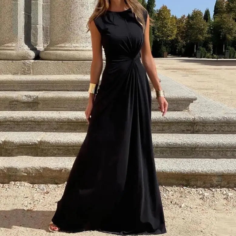 Elegant Dresses for Women 2023 Summer Vestidos Fashion Round Neck Casual Dress with a Stylish Waistband Female Black Long Skirt