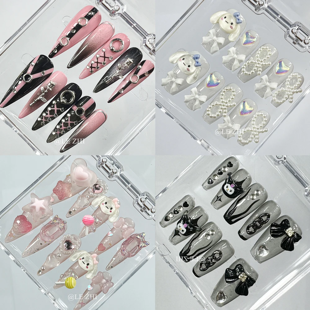 Kawaii мультфильм чистые накладные ногти ручной работы 3D Hello Kitty Cinnamoroll Mymelody Kuromi