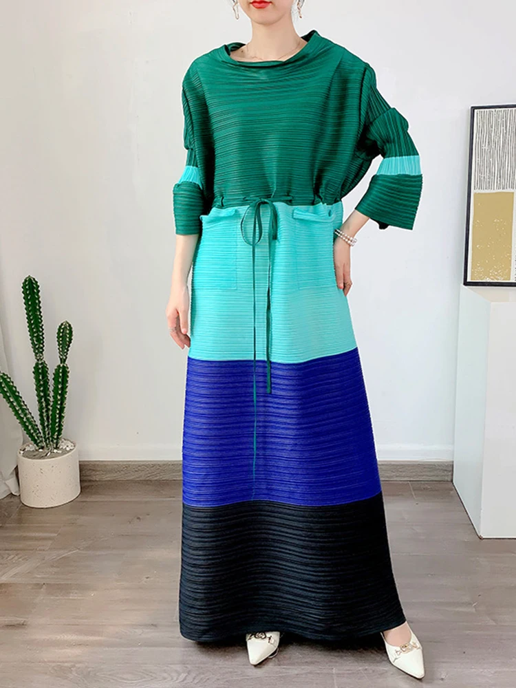 Женское плиссированное платье LANMREM свободное с длинным рукавом и круглым вырезом