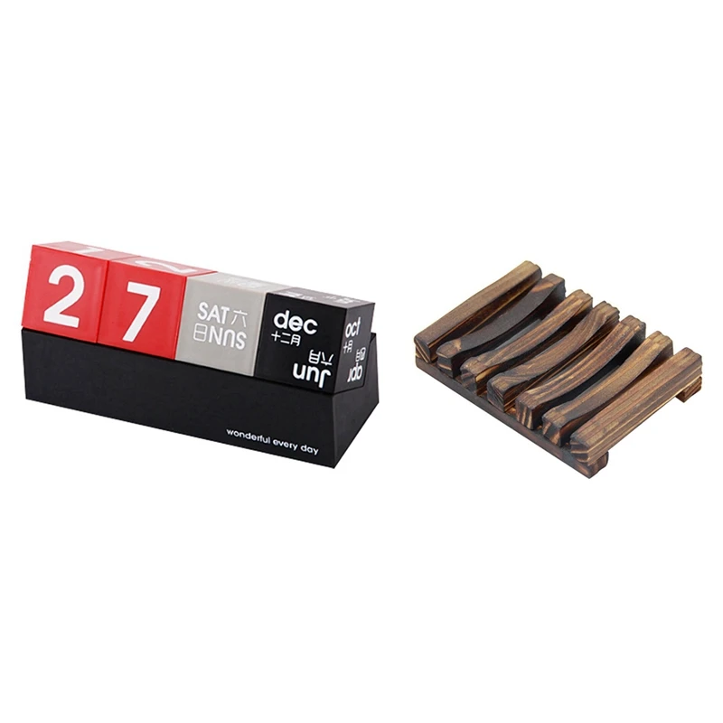 

1 Set DIY Square Perpetual Calendar Desktop Decoration & 1 Pcs Bamboo Wood Soap Dish Storage Holder