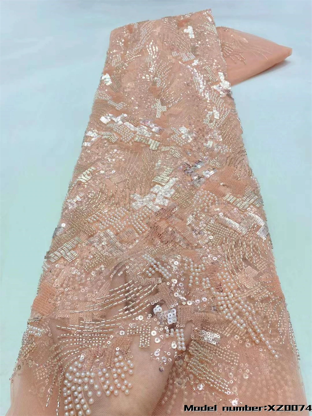 

Luxury Beads Lace Handmade Fabric French Wedding Dress Latest Nigeria Cotton Embroidery Pink Good Price With Stones New XZ0074