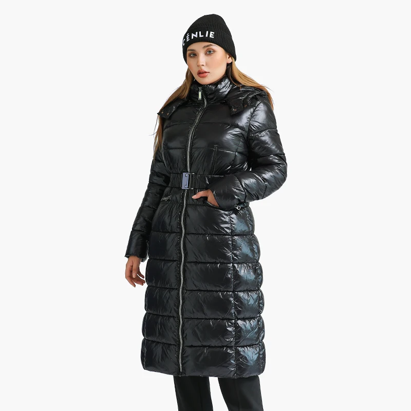 SANTELON Winter Long Parkas Coats For Women Casual Black Thick Warm Puffer Jacket With Adjustable Waist Fashion Hooded Outerwear