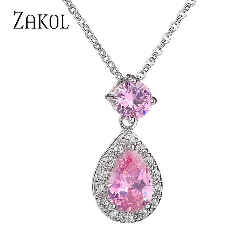 

ZAKOL Brand Classic Elegant Bridal Wedding Jewelry Geometric Water Drop Cubic Zirconia Pendant Necklaces for Women