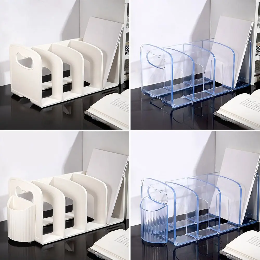 Acrylic Bookends Large Capacity with Pen Holder Desktop Book Transparent 4 Compartments Sorting Rack