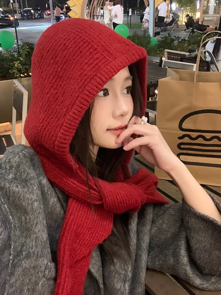 Little Red Riding Hood ~ Korean Sle Hat Scarf Integrated Thickened Warm Knitted Men's Woolen Cap Earmuff Lei Feng