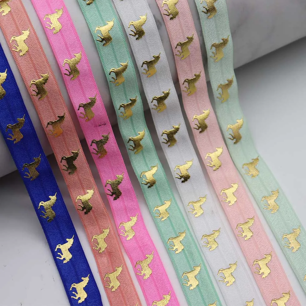 

5/8'' 15MM Gold Foil Unicorn Printed Fold Over Elastic FOE Ribbon For Ponytail Hair Tie Hair Accessories Headwear