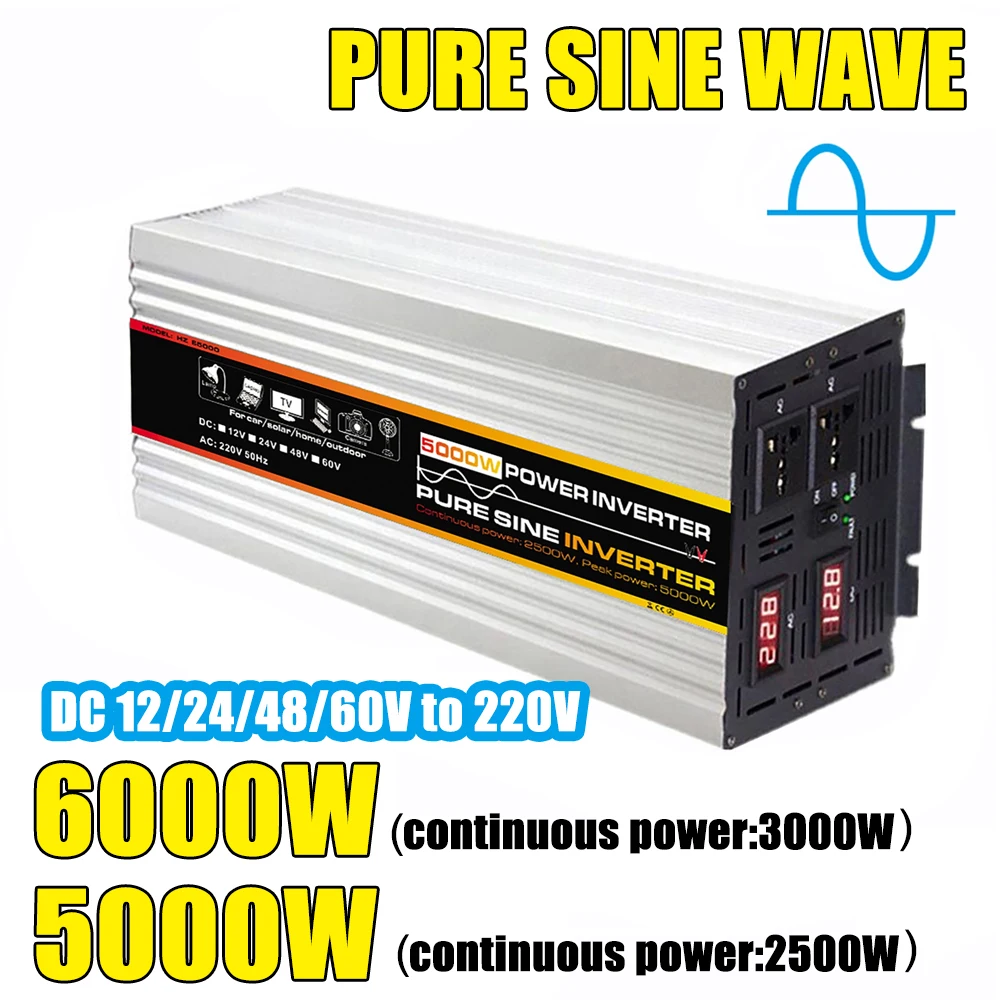 

Инвертор немодулированного синусоидального сигнала 6000 Вт/5000 Вт, солнечные инверторы с цифровым дисплеем, преобразователь напряжения 12/24/48/...