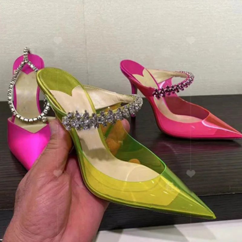 Europe and America 2023 Summer New Pointed High Heels Transparent Rhinestones Sexy Fashion Sandals for Women