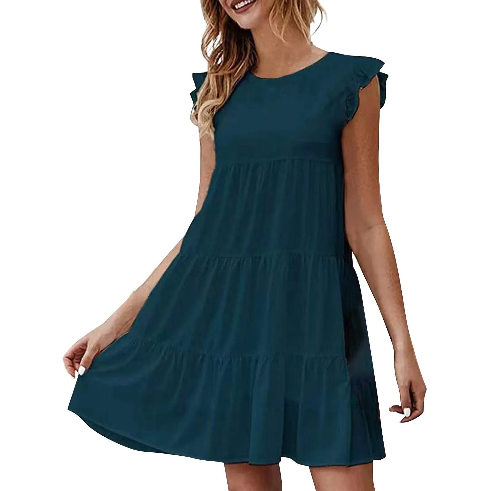

2022 Summer Women's Fashion Ruffled Dresses Loose Stitching Casual Woman Sleeveless O Neck Hedging Dresses Beach Sundress