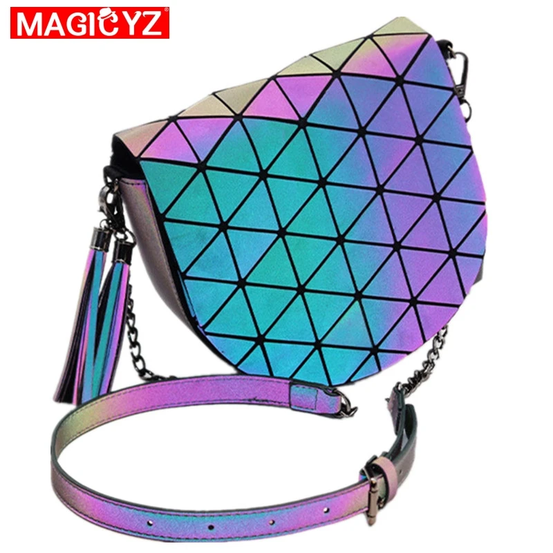 

Fashion luxurious saddle bag for women Holographic luminous shoulder bag Tassel chain flap bag Female Crossbody bag sacs a main