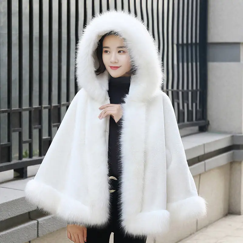 

Winter Warm Overcoat Women 2022 New Fur Cape White Cloak Faux Fox Imitation Mink Coat Outerwear Thickening Shawl Black White Red