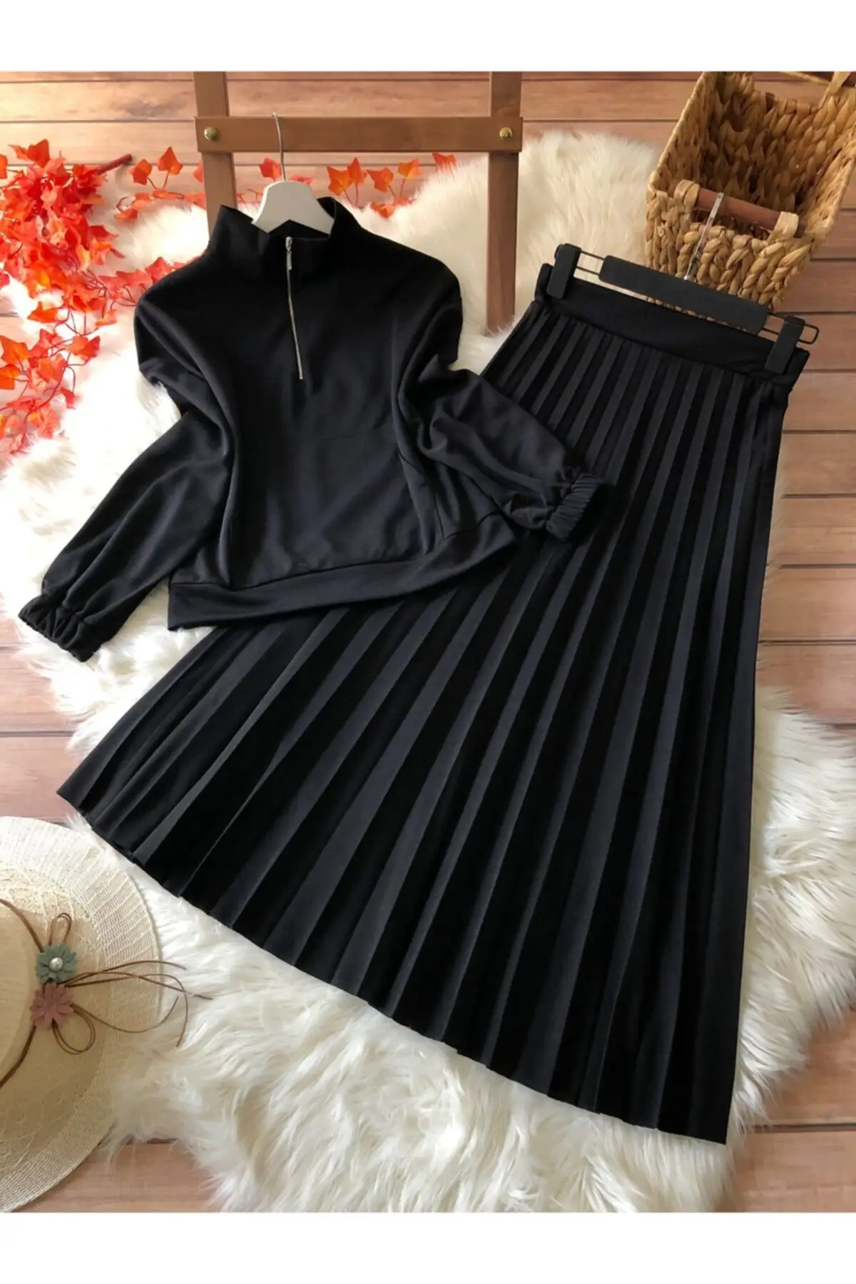 Pilise Skirted Zipper Suit Solid Color Polyester Trend Black Long Piliseli Crepe 2 Hijab Bottom-Top Suits Clothing