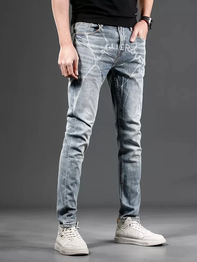 Casual Light Blue Men's Jeans Summer Fashion Printed Slim Fit Straight Denim Pants CP2270