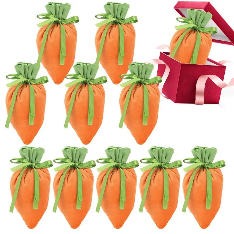 

10pcs Easter Velvet Gift Bag Carrot Jewelry Basket Candy Bags With Drawstring For Party Decorations Cookie Snack Storage Bag