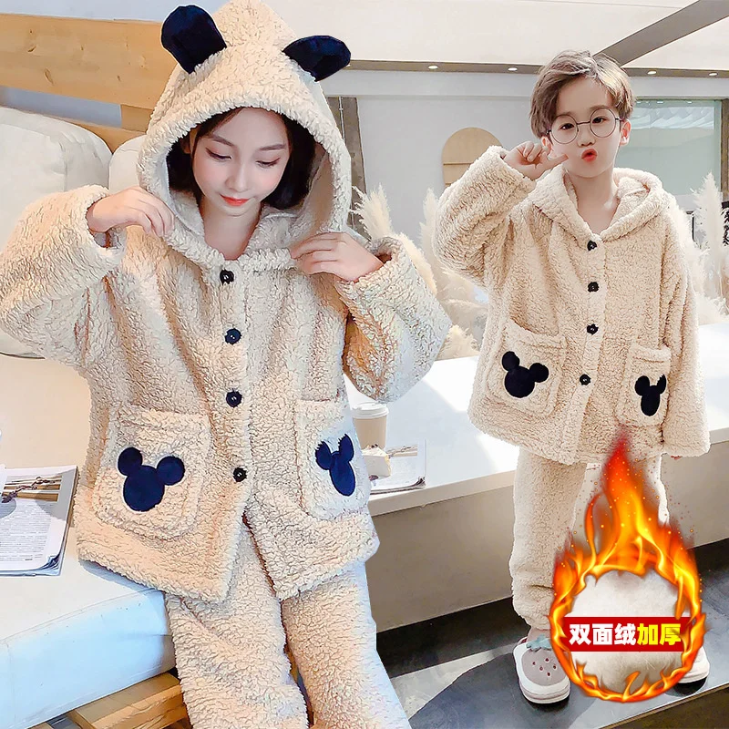 Children's pajamas boys' thickened autumn and winter coral velvet middle school children's baby girls' flannel suit for warmth