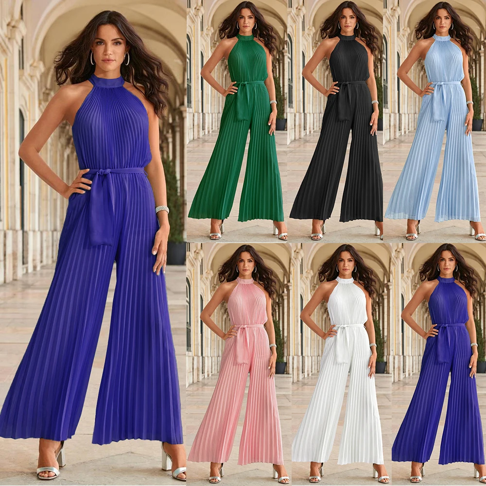 

Sexy Halter Sleeveless One-piece Pants 2022 Summer Women's New Lace Up Slim Pleated Wide Leg Trousers
