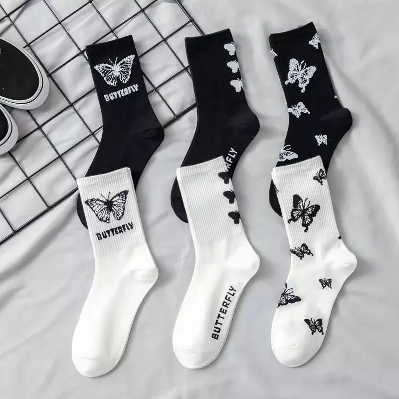 

Black Long Socks Middle-Tube Sock with Print Cotton Breathable Lady Girls Streetwear Harajuku Kawaii Socks
