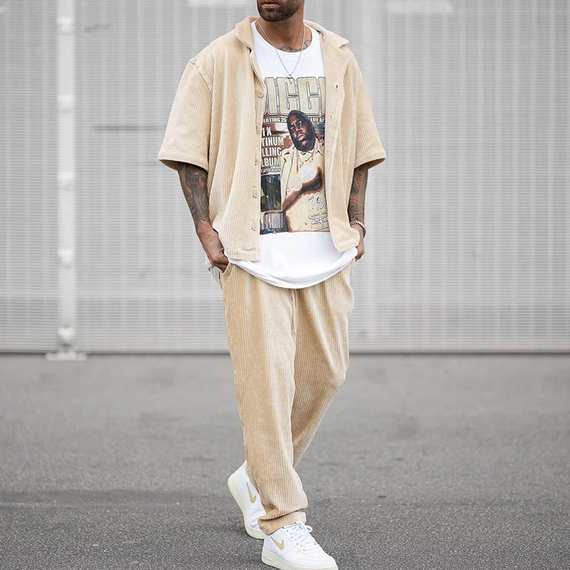 

Men's Fashion Loose Streetwear Solid Suit 2023 Casual Ribbed Man Two Piece Sets New Trendy Hot Sales Long Pants Outfits Oversize