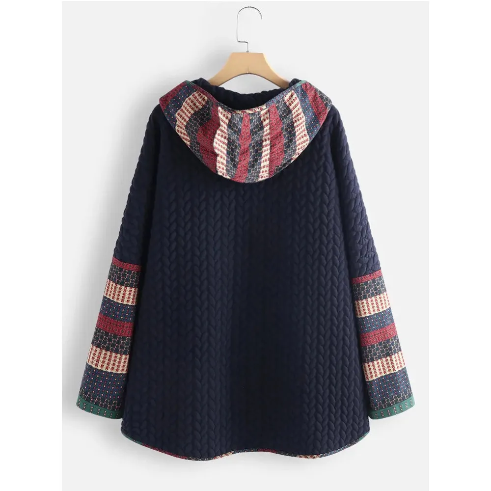 Autumn and Winter New Hooded Cotton Coat Single-breasted Ethnic Print Long-sleeved Mid-length Coat