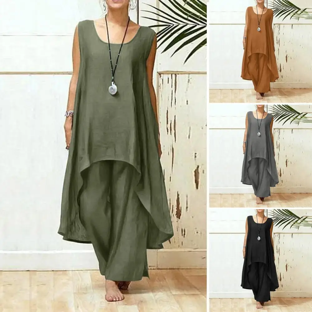 

Chic Women Summer Outfit Solid Color Loose Long Top Summer Top Pants Set O Neck Vest Trousers Suit Female Clothes