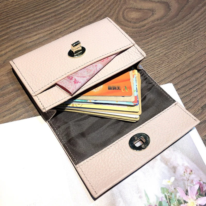 2023 Genuine Leather Women Coin Purses Short Cowhide Wallet Flap Lock Female Purse Original Design Billfold Card Holder Bag