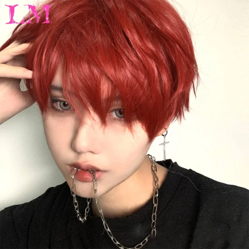 

LM Fashion 12"; Short Straight With Bangs Male Boy Synthetic Red Wigs For Women Men Cosplay Anime Costume Daily Party Wig