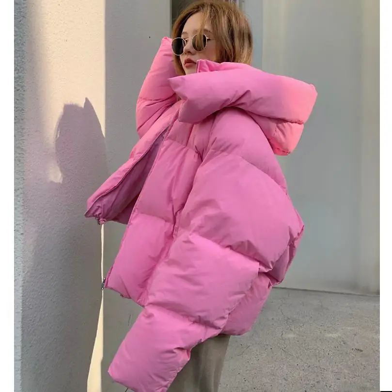 

New Winter Women Thickened Bread Down Jacket Student Loose Bat Sleeved Pink Green Solid Casual Coat Tops with Hooded Black