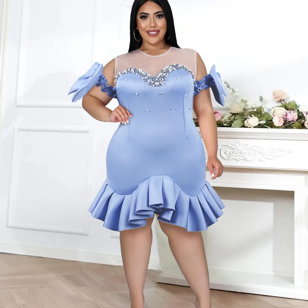 

Women's Dress Blue Crew Neck Sexy Sheer Mesh Bow Beaded Ruffle Party Dress Spring Summer New Fashion 2022 Party Dresses Female