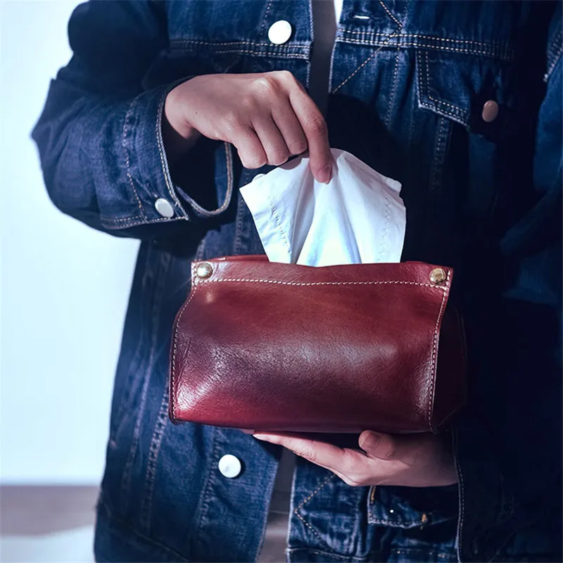 

Fashion Designer Top layer Cowhide Men's Ladies Universal Tissue Storage Bag Casual Luxury Soft Kraft Tissue Box outdoor clutch