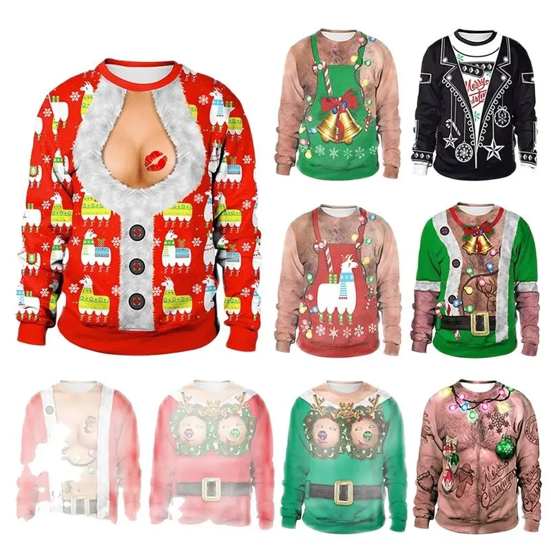 

Свитер унисекс Уродливый Рождественский для мужчин и женщин, джемперы с 3D принтом Санта-Клауса, оленя, рождественской елки, топы, Осенний Св...