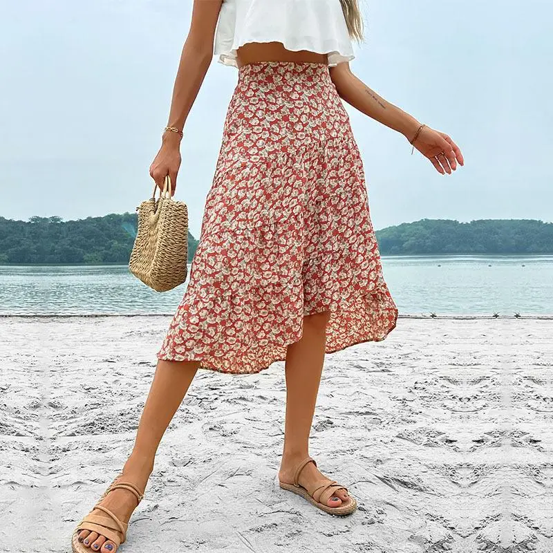 

Summer Chic Long Floral Print Women High Waist Skirts 2022 Asymmetrical Wine Red Ladies Swing Ruffles Midi Skirts Fashion New