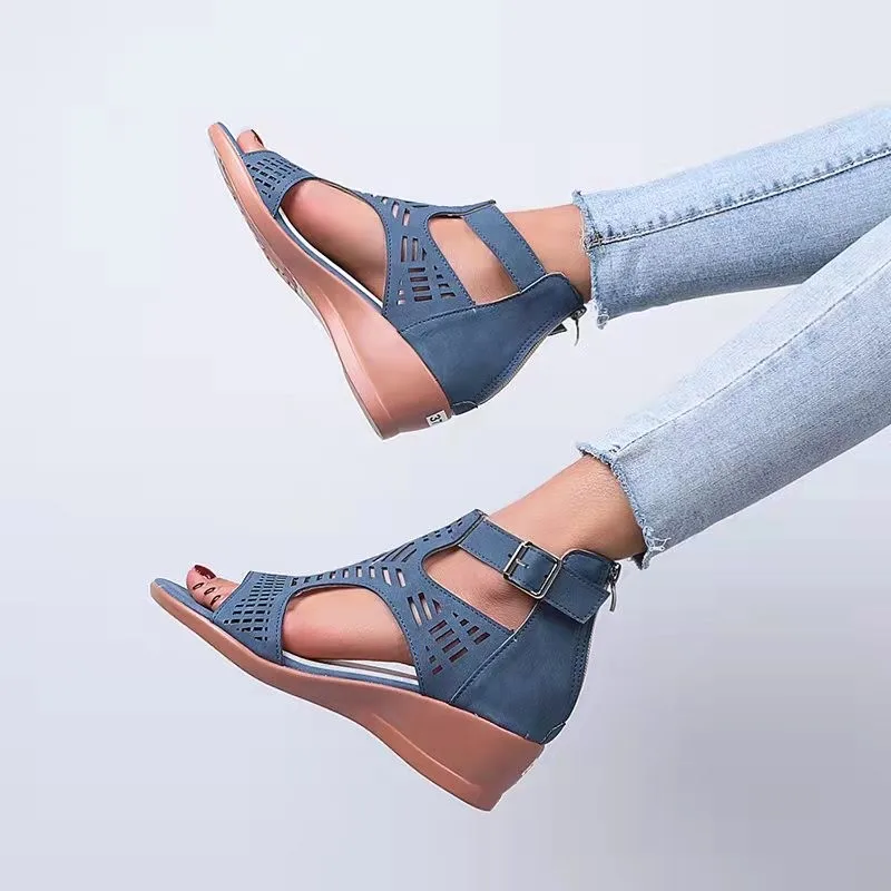 Women's Wedges Sandals Comfortable Outdoor Gladiator Platform Roman High Heels Shoes Party Hollow Out Thick Heel Zipper Shoes
