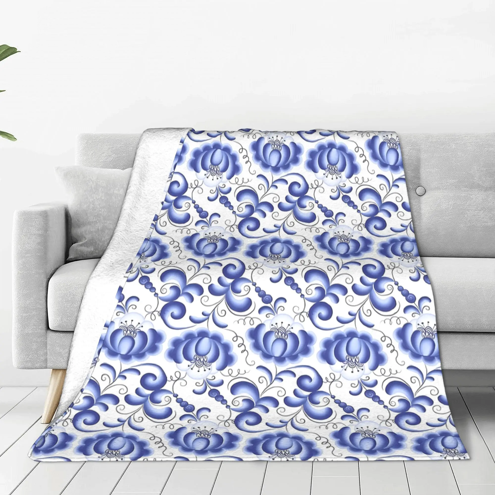 Синее цветочное русское фланелевое одеяло Gzhel традиционное искусство новинка