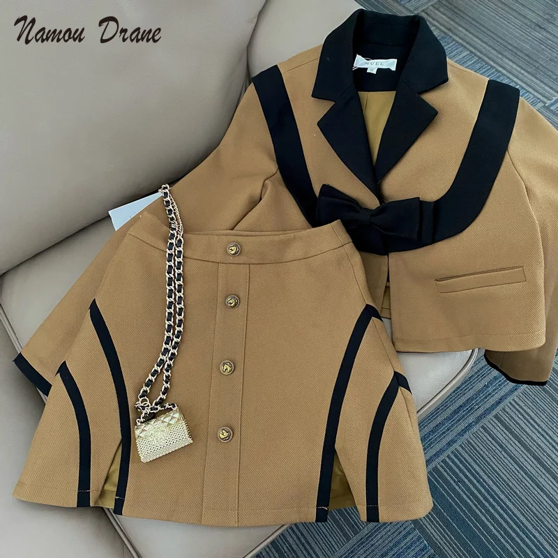 

Namou Drane Autumn Women Sets 2021 New Short Contrast Color Notched Collar Blazer Coat + High Waist A-line Mini Skirt Outfit