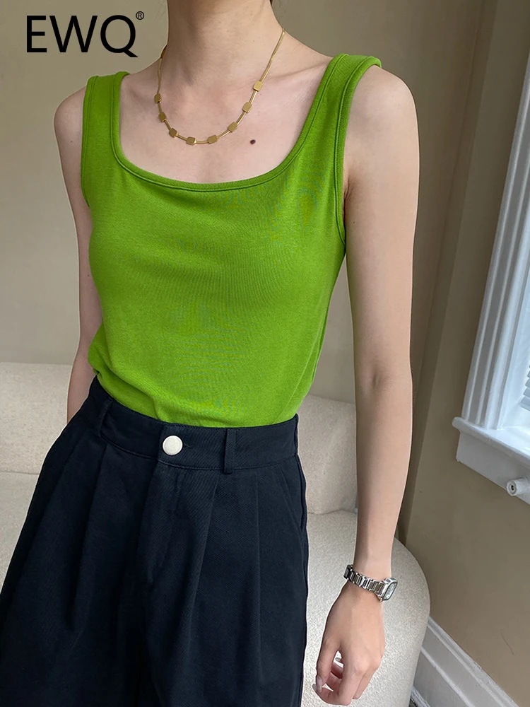 

EWQ Solid Office Lady Bottoming Vest For Women Square Collar Sleeveless Slim Pullover Female Tops 2032 Summer New 26D3046