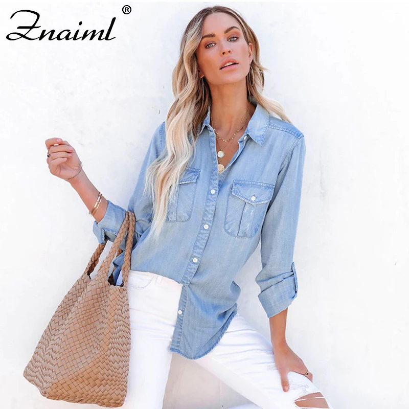 

Znaiml Women Blue Denim Shirts Street Girls Summer Casual Long Sleeve Two Pockets Cotton Blend Tops Fashion Office Ladies Clothe