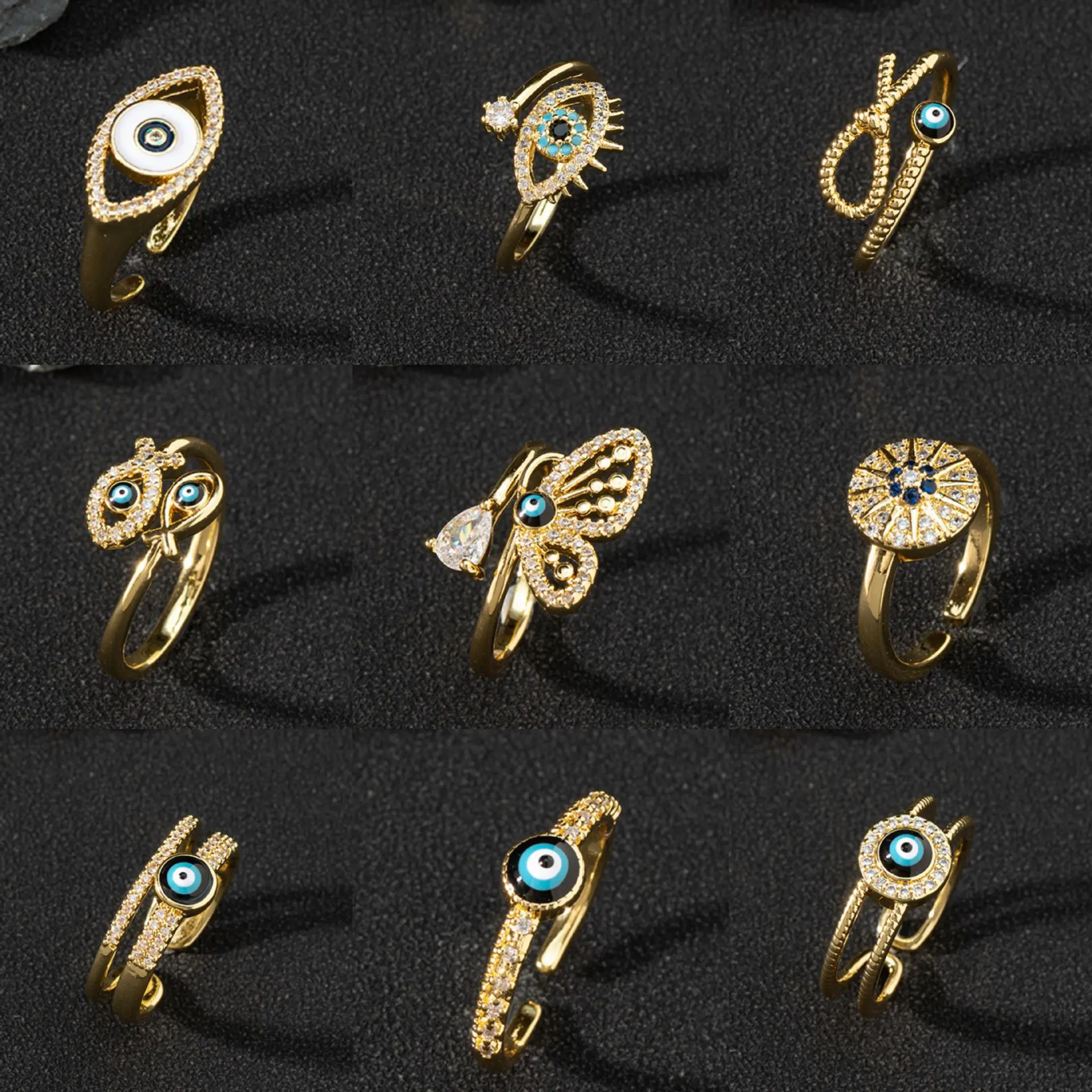 

21 Styles Evil Eye Zircon Enamel Gold Ring Stackable Opening Copper Oil Drop Turkey Blue Eyes Women's Rings Fashion Jewelry