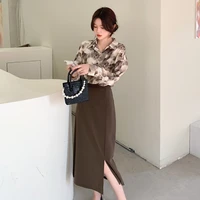 2022 korean personalized printed long sleeved shirt two piece set split skirt turn down collar women tops