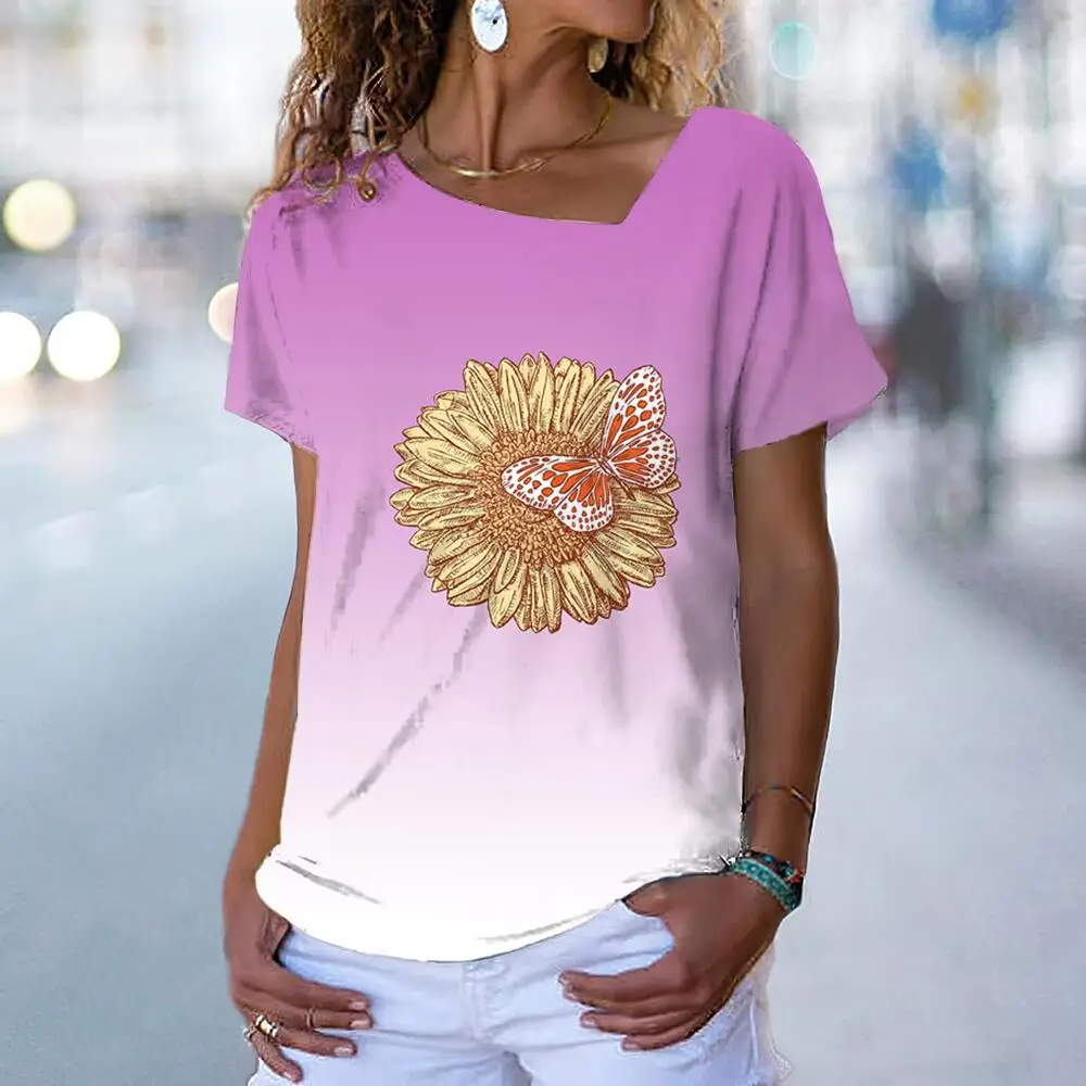 

Модная женская футболка с 3d цветочным принтом, летний праздничный топ с градиентом, повседневный Большой пуловер с V-образным вырезом и коротким рукавом, женская одежда
